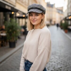 Black & White Houndstooth Baker Boy Cap